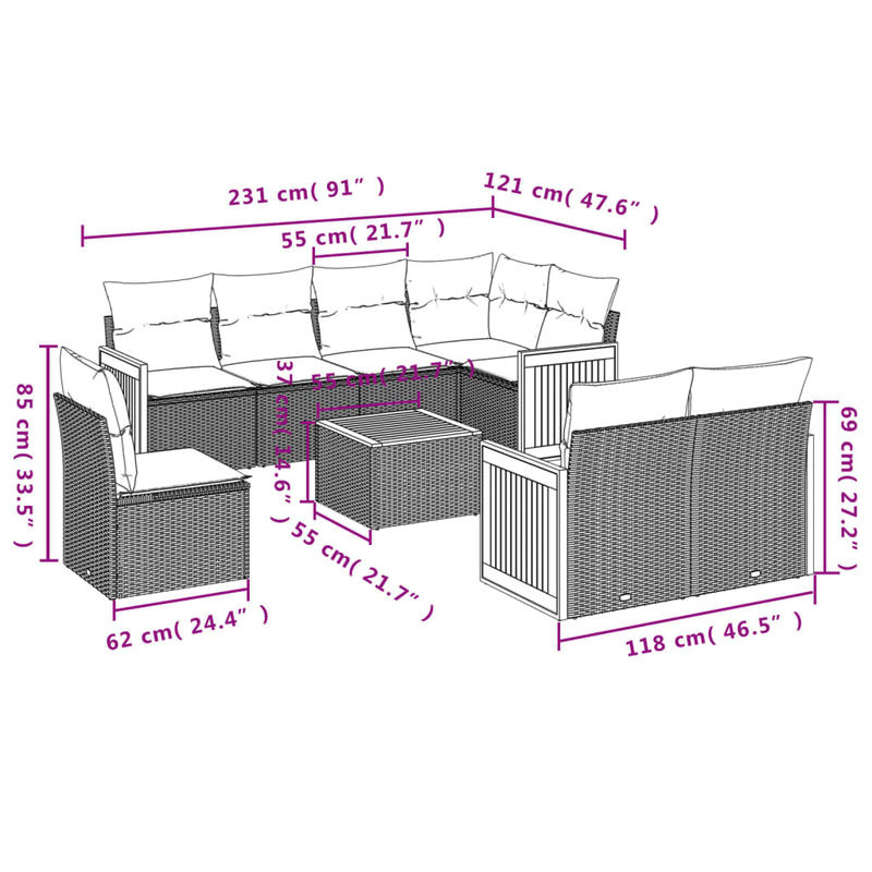 Vidaxl Gartenmöbel-Set aus Polyrattan mit Kissen, 9-teilig, Beige, Modernes Design - Bild 2