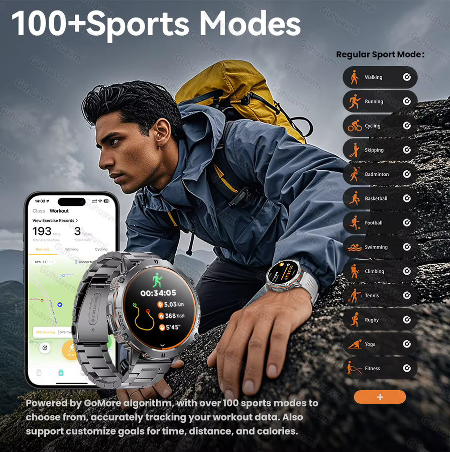 GUHUAVMI Militär-Smartwatch für Herren in Silber mit 1000mAh Akku, 10ATM Wasserdichtigkeit, Bluetooth-Anruf, Kompass, Höhenmesser und Barometer - Bild 4
