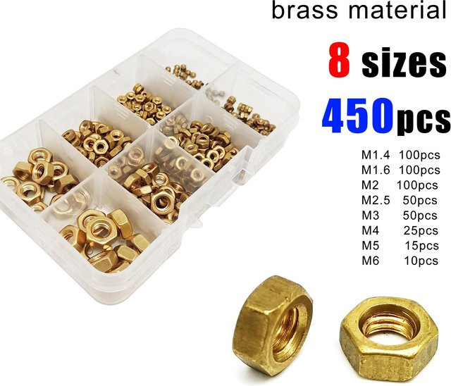 Michastu Micro-Sechskantmutter-Set aus massivem Messing in Gold, 450 Stück Sortiment mit 8 Größen M1,4 bis M6 - Bild 1