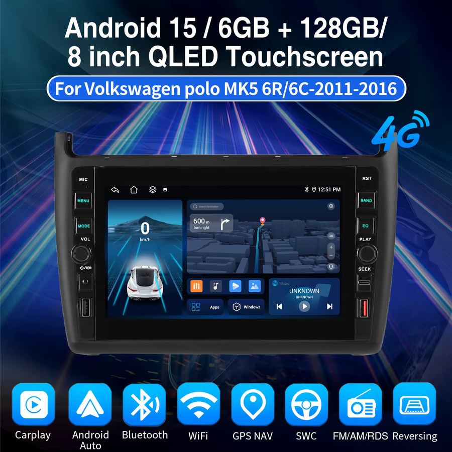MOPECT Android 15 Autoradio für Volkswagen Polo 6R 6C 2009-2017 mit 8 Zoll Touchscreen, 6GB RAM + 128GB Speicher, CarPlay, Bluetooth, GPS, 4G, DAB und AHD in Schwarz - Bild 2