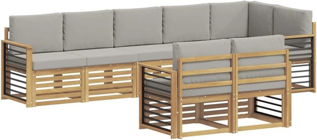 vidaXL Outdoor-Sofagarnitur 8-teilig in Weiß und Hellgrau mit Akazienholz-Gestell und UV-beständigen Polstern im L-Shape Design - Bild 1