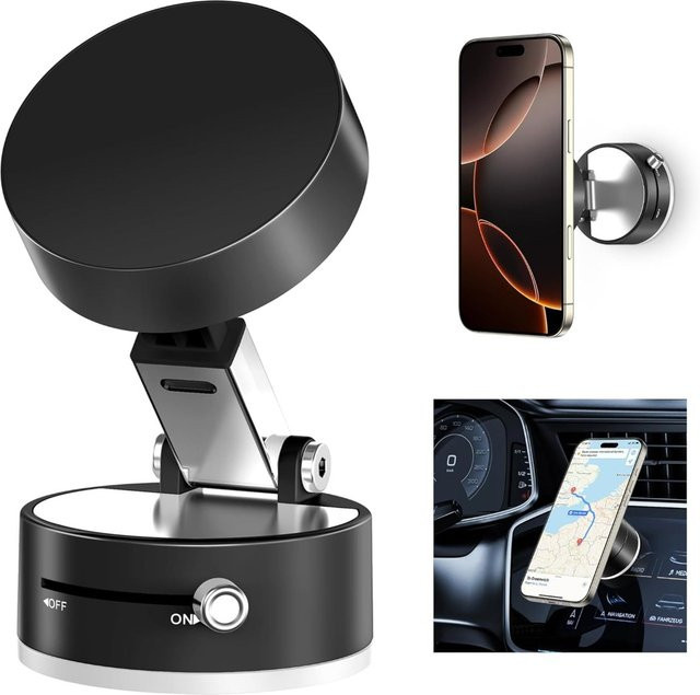 VIKEFON Auto Handyhalterung mit 360 Grad Rotation und Vakuum Saugnapf für MagSafe iPhone 16 15 14 13 12 Pro Max in Schwarz - Bild 1