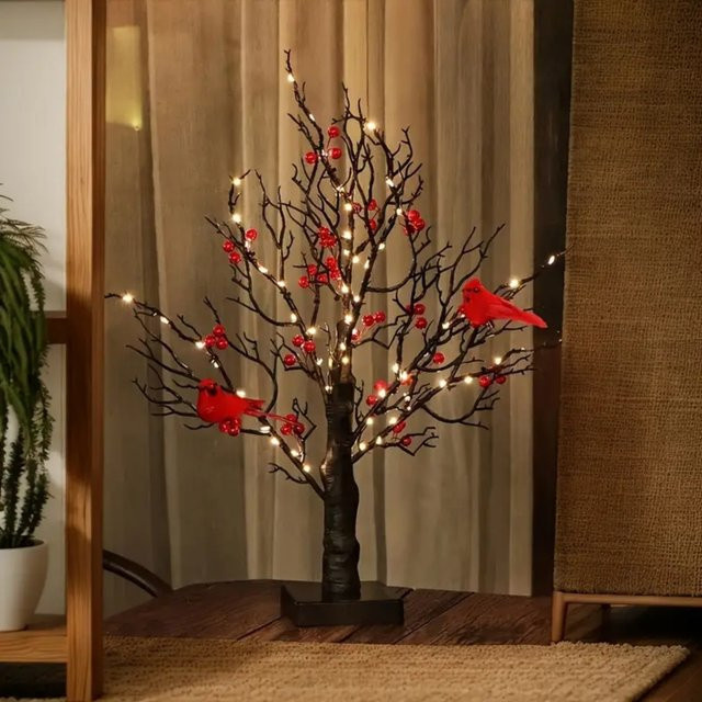 Peach Forest Dekorative LED Birke in Schwarz mit 60 warmweißen LEDs und roten Vögeln als Akzentlampe für Innenräume - Bild 1