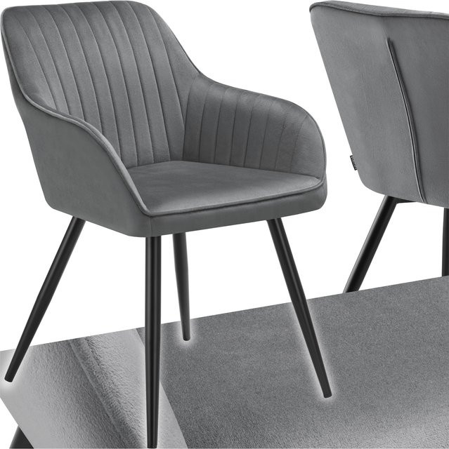 tectake Esszimmerstuhl Marilyn gepolstert in Samtoptik mit Steppmuster und Stahlbeinen B/T/H: 58 x 62 x 82 cm in Grau-Schwarz - Bild 1