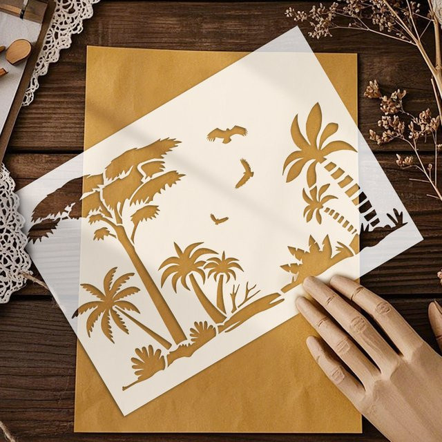 YOMDID Tropische Dschungel Landschaft Malerei Schablone aus transparentem Kunststoff für DIY Graffiti und Airbrush Dekoration mit Baum- und Blumenmuster - Bild 1