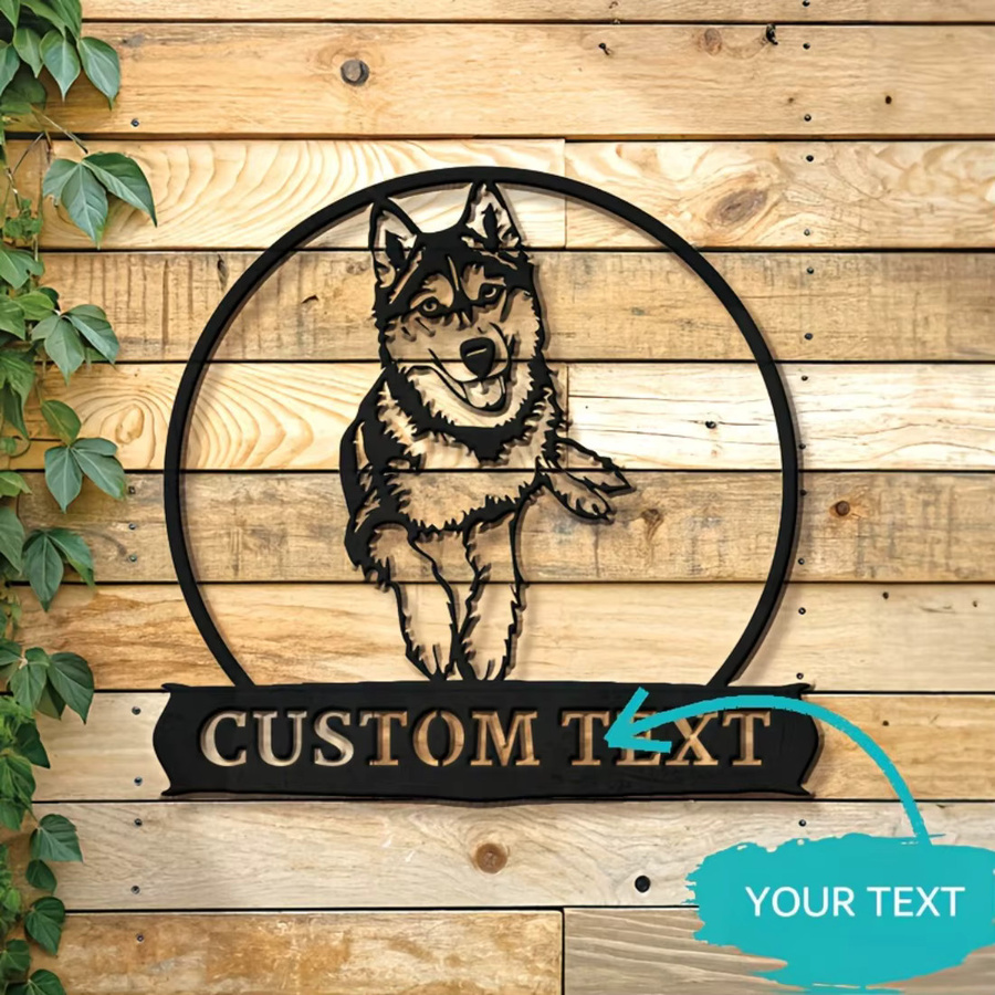 Personalisierte Husky Hund Wandkunst aus Metall in Schwarz – Rundes Metallschild Hello Young als rustikale Dekoration für Innen und Außen - Bild 2
