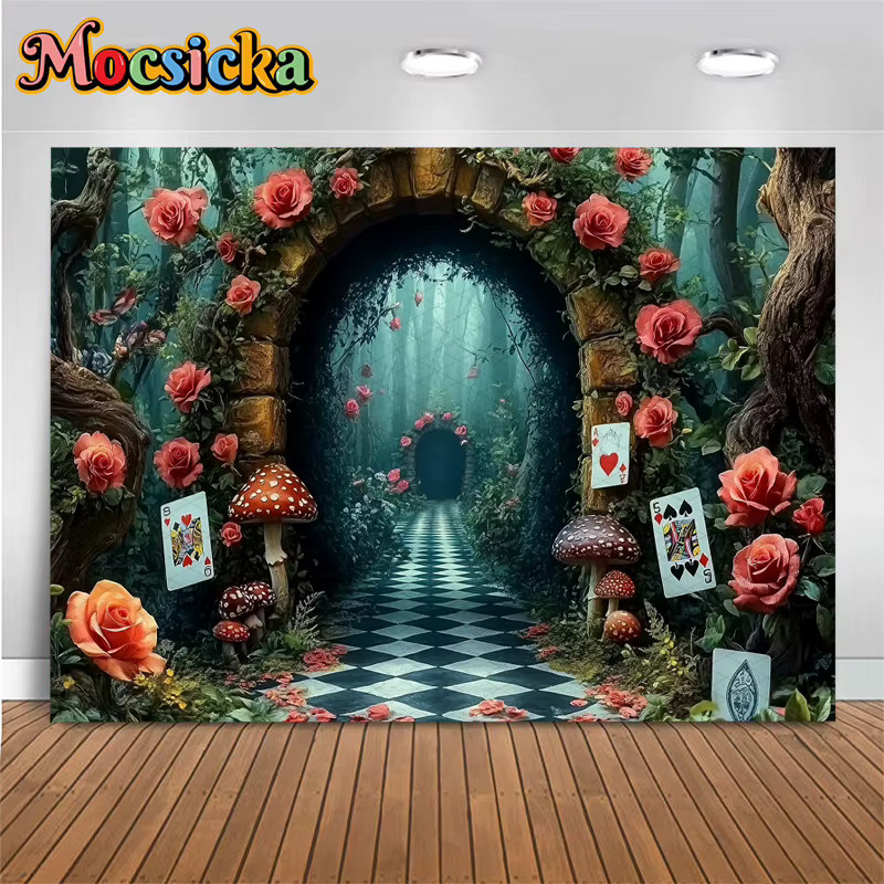 Mocsicka Fotohintergrund Frühling mit grünem Waldweg, Rosen und Pilzen in Mehrfarbig - Bild 2