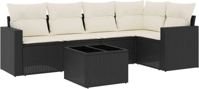 vidaXL 6-teilige Garten-Sofagarnitur in L-Form aus Poly-Rattan mit Kissen und Couchtisch in Schwarz - Bild 1
