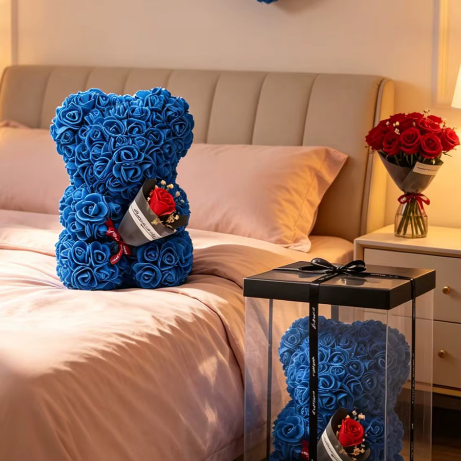Uflower Teddybär mit blauer Rose aus Textil als dekoratives Geschenk für Valentinstag, Hochzeit oder Geburtstag - Bild 2
