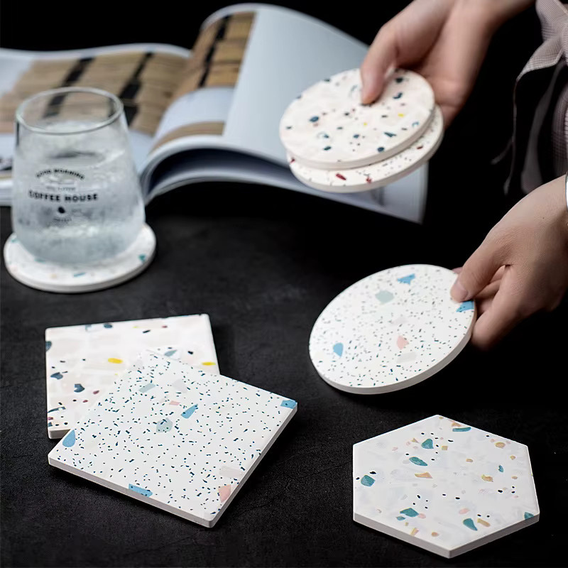 Inyahome Set mit runden Keramik-Untersetzern im Terrazzo-Design mit Halterung - Bild 5