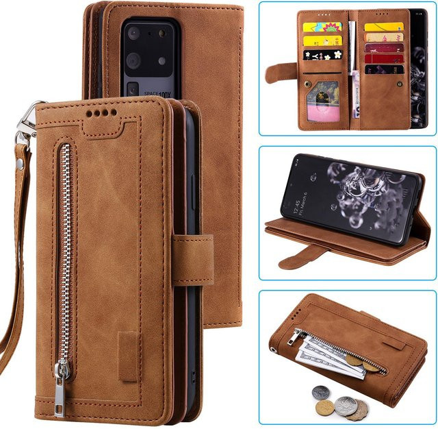 Leder Portemonnaie Hülle mit Reißverschluss für Samsung Galaxy S25 Ultra, S24 Ultra, S25 Plus und S25+ in Braun mit Kartenfach und Ständerfunktion - Bild 1