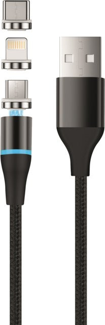 Setty Magnetic DT 3in1 Ladekabel USB-A auf Lightning, MicroUSB und USB-C, 12,5W, 1m, Schwarz - Bild 1