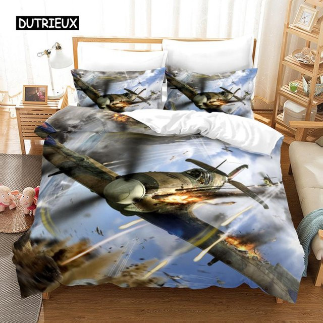 Bettwäsche-Set mit Kampfflugzeug-Motiv von Binchi Outdoor Product in Blau für Kinder und Jugendliche, bestehend aus Bettbezug und Kissenbezug, B/H: 135 x 200 cm - Bild 1