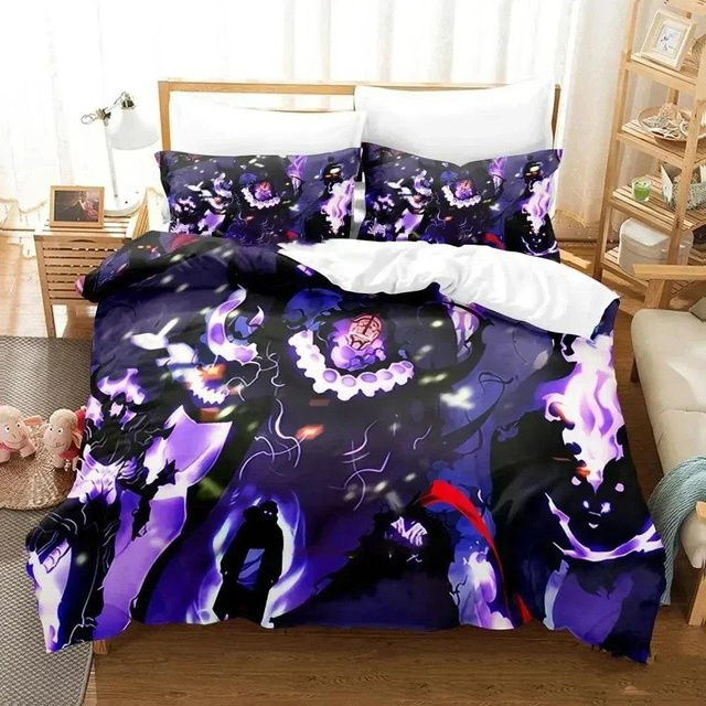 Solo Leveling Anime Bettwäsche-Set mit 3-teiligem Design in Lila, bestehend aus Bettbezug und Kissenbezügen aus Mikrofaser, Breite: 173 cm, Höhe: 218 cm - Bild 1