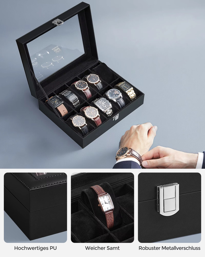 SONGMICS Uhrenbox, 10 Fächer, Schwarz, Unisex - Bild 5