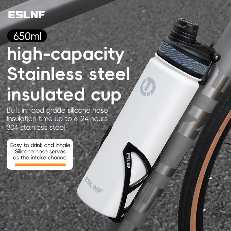 ESLNF Fahrrad-Wasserflasche aus Edelstahl in Schwarz, 650 ml Thermosflasche für Sport und Outdoor, hält Getränke heiß und kalt - Bild 3