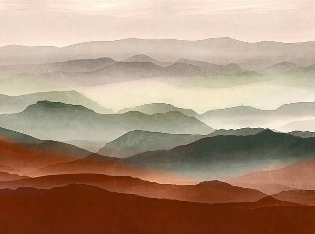 Livingwalls Fototapete Landschaft im Aquarellstil, Farben: violett, rot, grün, B/L: 280 x 371 cm - Bild 1