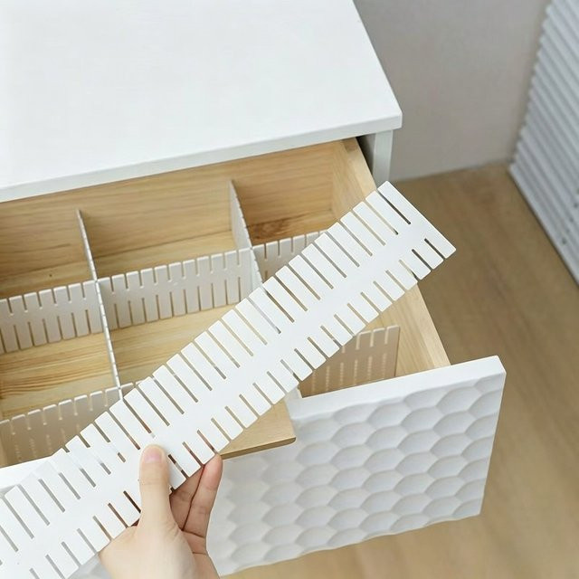 Weiße Schubladenteiler aus Kunststoff für Kleidung, Küchenutensilien und Büro, B/H/T: 37,0 x 7,0 x 4,0 cm - Bild 1