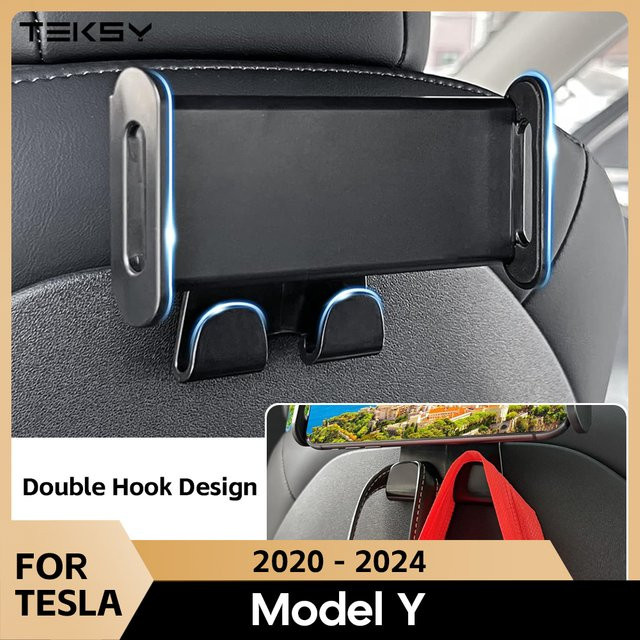 TEKSY Rücksitz-Telefonhalter für Tesla Model 3/Y mit 2 Haken, 360 Grad drehbarer Ständer für Tablet, PC und iPad Mini, Schwarz - Bild 1
