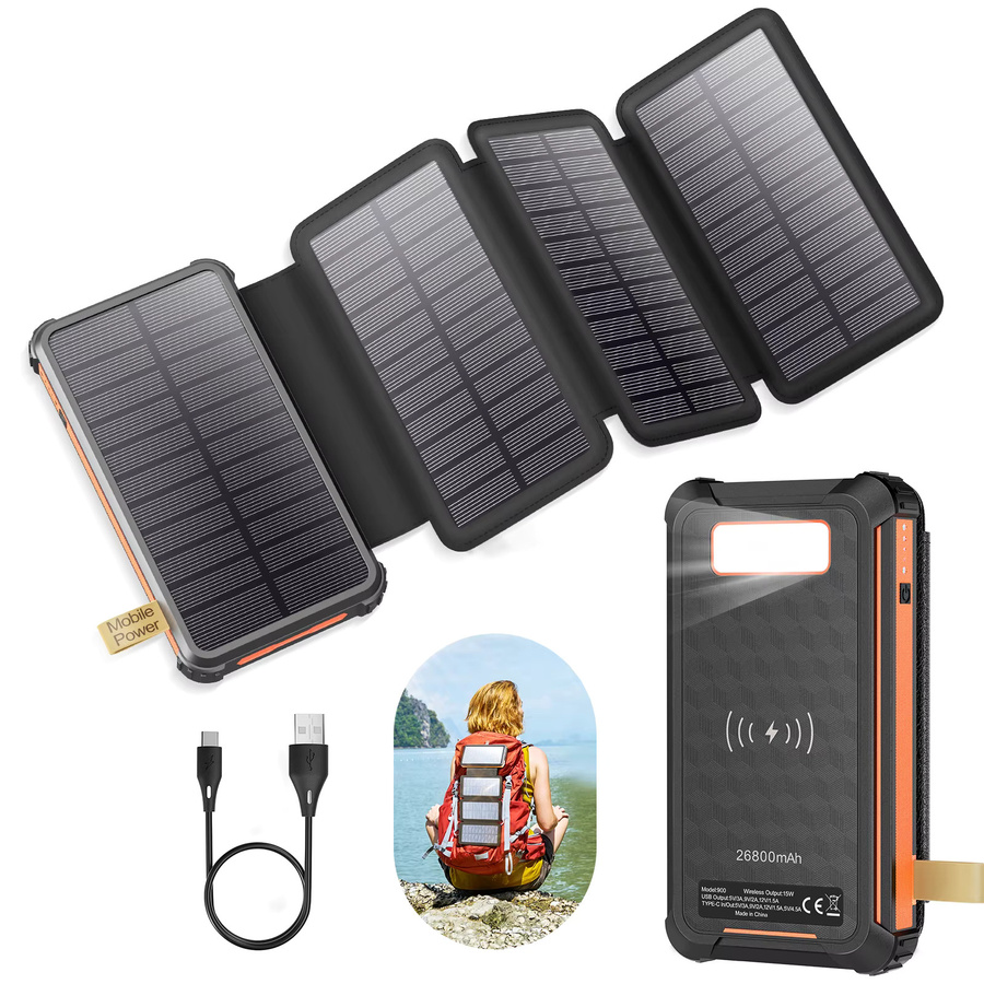 Solar-Powerbank mit 26.800 mAh und 4 faltbaren Panels, 22,5 W Schnellladefunktion QC PD, 3 Ausgänge und integrierter Campinglampe, Schwarz - Bild 1