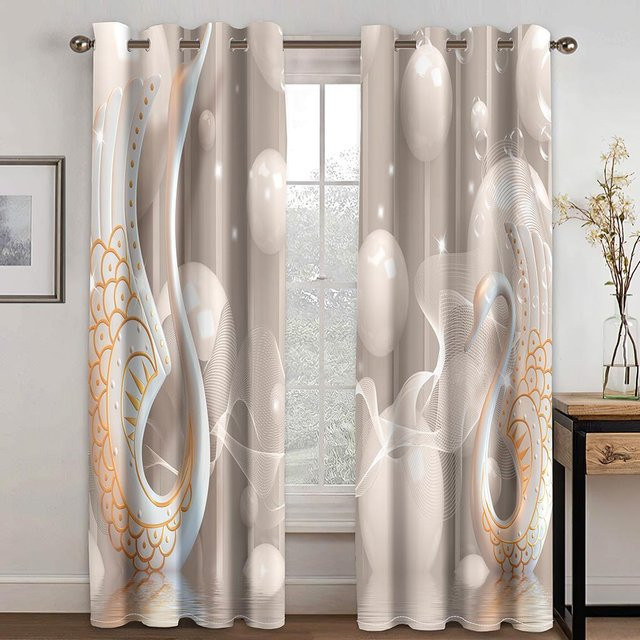 2er-Set 3D-Vorhänge mit Musiksymbolen und Blumenmuster in Lila, Grün und Gold, halbtransparent, B: 50 cm, H: 160 cm - Bild 1