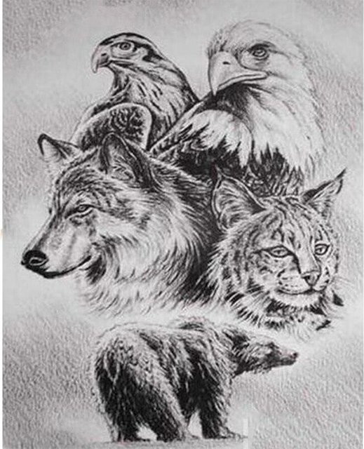 FIYO 5D Diamant Malerei Motiv Wolf Katze und Papagei in Grau, Diamant Stickerei Set mit Strass-Mosaik, B/H: 20 x 30 cm - Bild 1