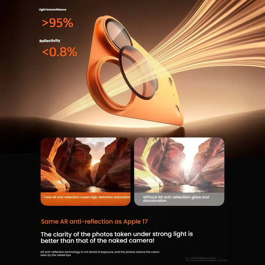 9H AR Armor Kamera-Objektivschutz für iPhone 17 Pro/Pro Max mit Aluminium-Metallring und gehärtetem Glas in Orange - Bild 2