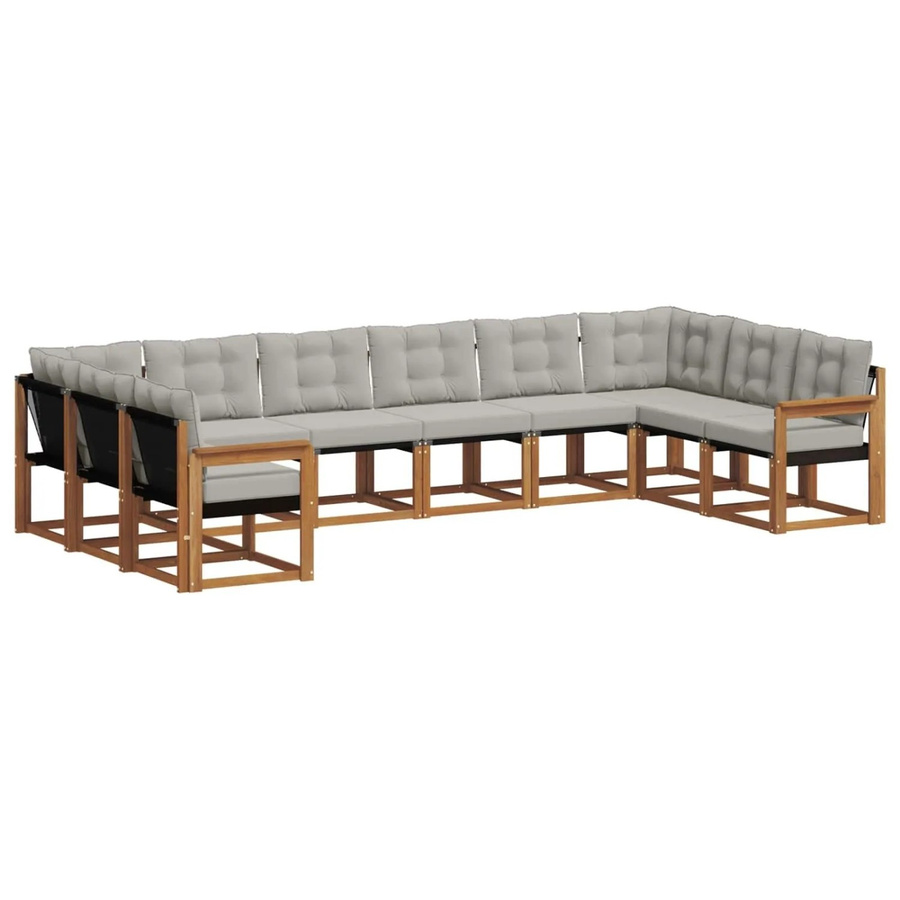 vidaXL Outdoor-Sofagarnitur 10-teilig in U-Form aus Akazienholz mit Textilene und Kissen, Natur und Hellgrau - Bild 2