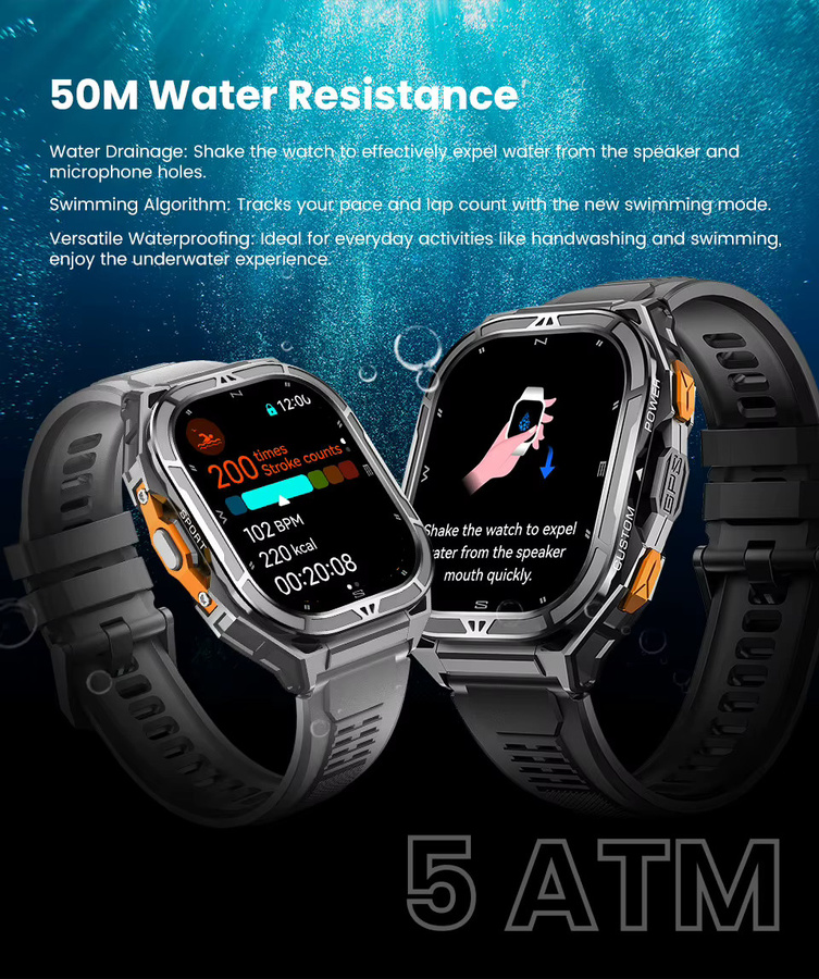 Uhoofit Smartwatch mit 1,96 Zoll AMOLED Display, GPS, Bluetooth Anruffunktion, Herzfrequenz- und Schlafüberwachung, 5ATM Wasserdicht, Unisex, Farbe: Schwarz/Silber - Bild 4