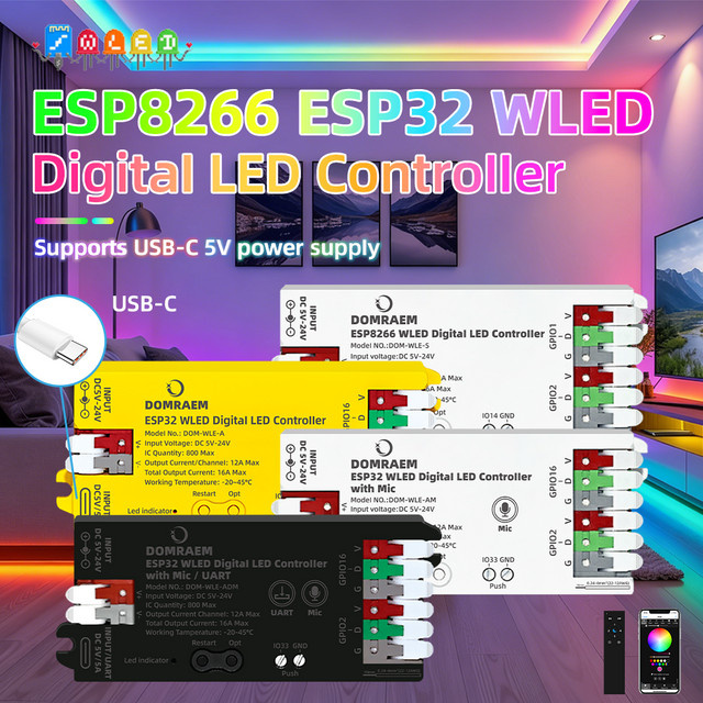 DOMRAEM WLED Controller ESP8266 ESP32 mit USB-C und Mikrofon für RGB IC digitale adressierbare Lichter WS2811 WS2812B WS2815 SK6812 mit WiFi und Fernbedienung - Bild 1