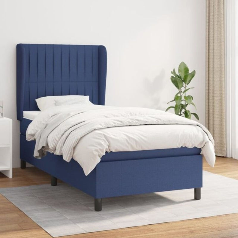 vidaxl Boxspringbett mit Matratze in Blau und Weiß aus Stoff und Massivholz, B/T/H: 90 x 200 x 118 cm - Bild 1