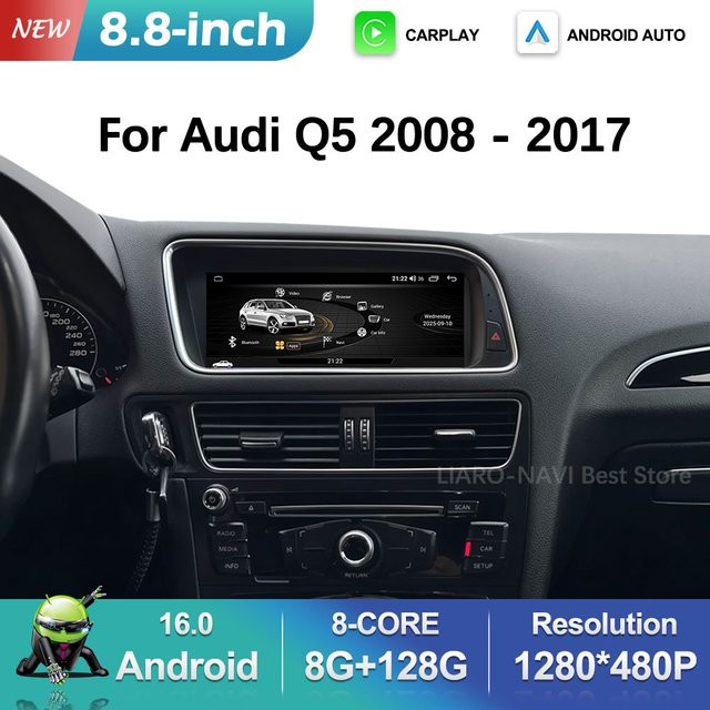 LIARO-NAVI Android 16 Autoradio für Audi Q5 2008–2017 mit 8,8 Zoll HD-Bildschirm, Bluetooth, WiFi, 4G, Carplay und DSP Stereo in Schwarz - Bild 1