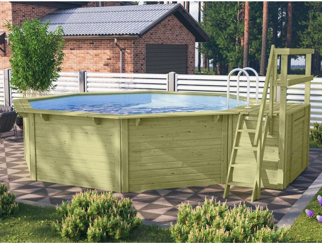 Karibu Achteck Pool Set in Grau und Blau mit Sonnenterrasse, Filteranlage und Skimmer - Bild 2