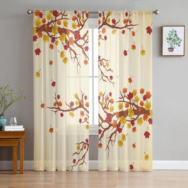 Yiran Furniture Transparentes Voile-Fenstervorhang Herbst Ahorn Gefallene Blätter mit Ösen B: 135 cm, H: 115 cm - Bild 1
