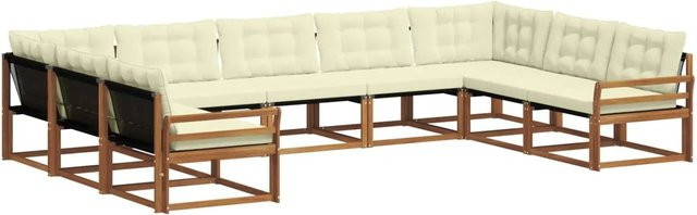 vidaXL Outdoor-Sofagarnitur 9-teilig in U-Form aus Akazienholz mit Textilene und Kissen, Natur und Creme - Bild 1