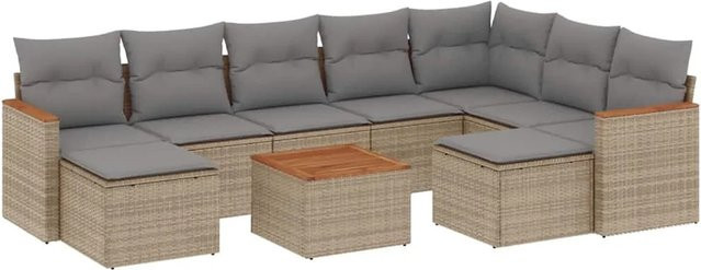 vidaXL 10-tlg. Garten-Sofagarnitur in L-Form aus Polyrattan mit Kissen und Couchtisch in Beige - Bild 1
