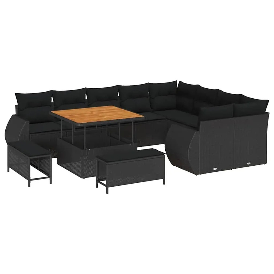 vidaXL Garten-Sofa-Set 12-tlg. aus Polyrattan und Akazienholz in Schwarz mit Polstern und Couchtisch - Bild 2
