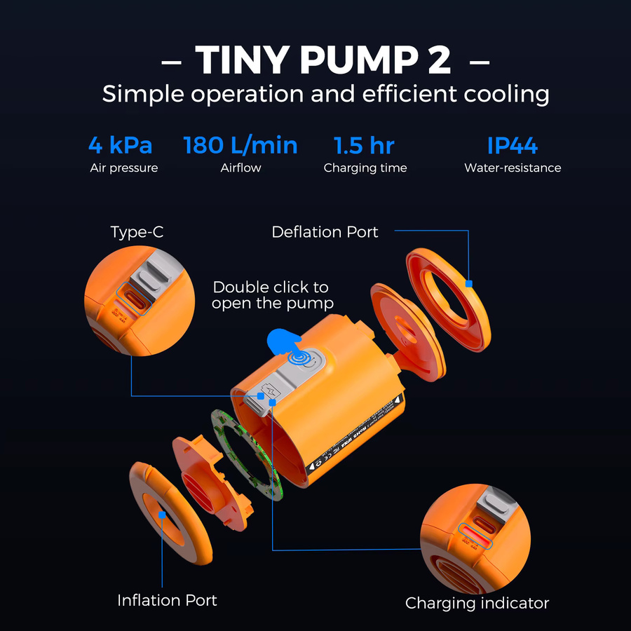 Flextail Tiny Pump 2 / 2X Elektrische Luftpumpe in Orange, tragbare Campingpumpe für Luftbetten, Schlafunterlagen und Poolschwimmer mit 4kPa Druck - Bild 2