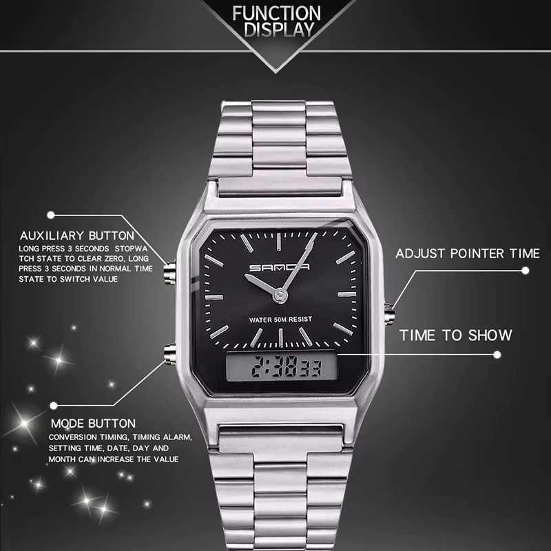 Sanda Fashion Digitaluhr, Quarz, Edelstahl, Schwarz, Unisex - Bild 3