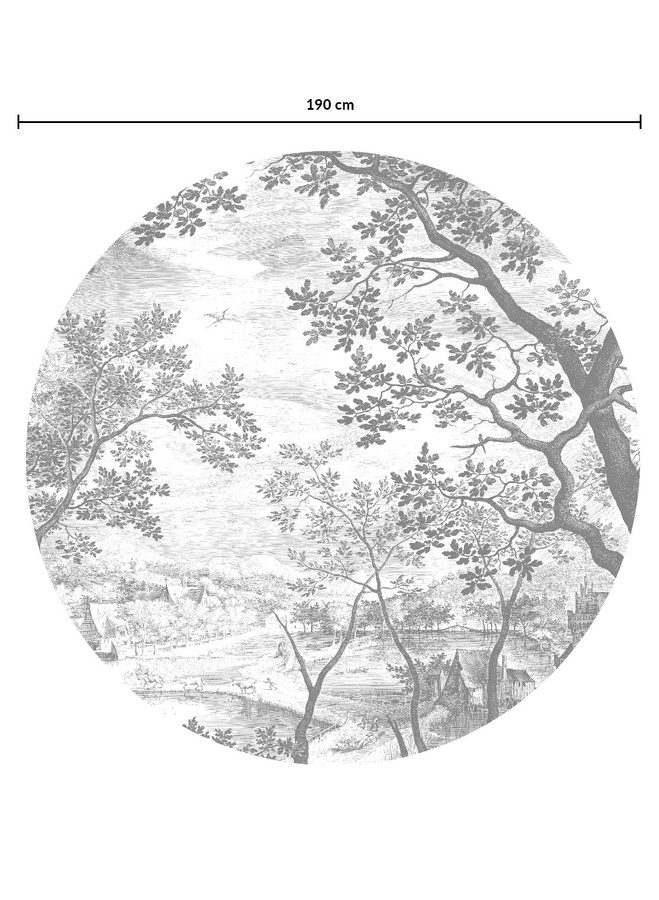 KEK Amsterdam Mural Engraved Landscapes 7 Circle Wandbild in Schwarz Weiß Grau, Durchmesser: 190 cm - Bild 1