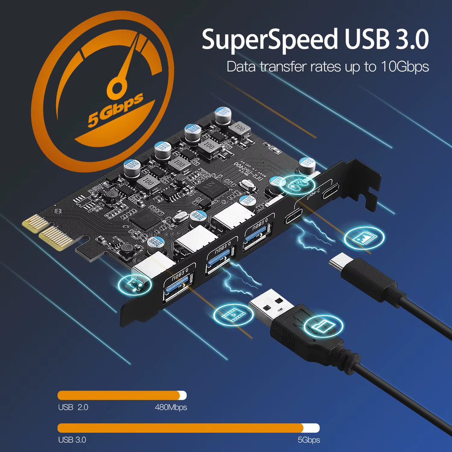 IRhasta USB 3.2 Gen1 PCIe Erweiterungskarte mit USB-C und USB-A Anschlüssen, 5 Gbit/s USB 3.0 Controller Add-on-Karte, Schwarz - Bild 2