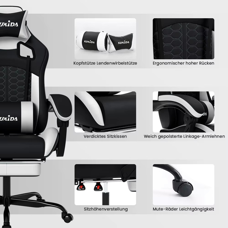 SUKIDA Ergonomischer Racing-Gaming-Stuhl in Schwarz-Weiß mit Kopfstütze und Lordosenstütze, verstellbar und drehbar aus Kunstleder - Bild 5