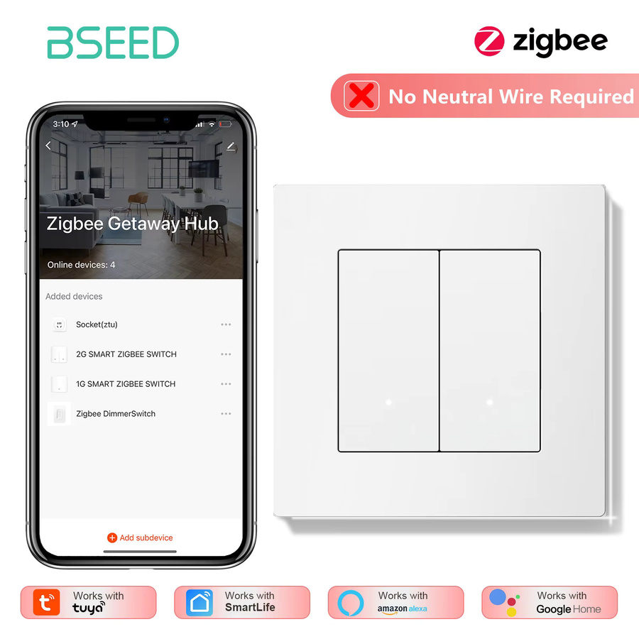 BSEED Zigbee Lichtschalter mit Tuya Smart Life und Alexa-Steuerung, smarter Klick-Tastenschalter aus Kunststoff ohne Neutralleiter, Weiß - Bild 2