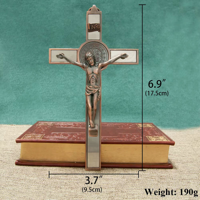 HTISOK Katholisches Kreuz aus Zinklegierung in Silber mit St. Benedikt-Medaille und INRI als religiöse Wanddekoration - Bild 5