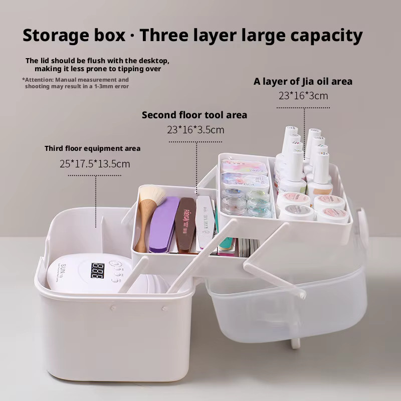 Kaniu Dreischichtiger Desktop-Organizer für Nagelkunst-Werkzeuge mit transparentem Deckel und Handgriff in Weiß und Transparent - Bild 1