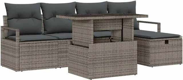 vidaXL Garten-Sofa-Set aus Polyrattan in Grau, 6-teiliges L-Shape Lounge-Set mit 3-Sitzer-Sofa, Sesseln, Ottoman und integriertem Kissen-Speicher - Bild 1