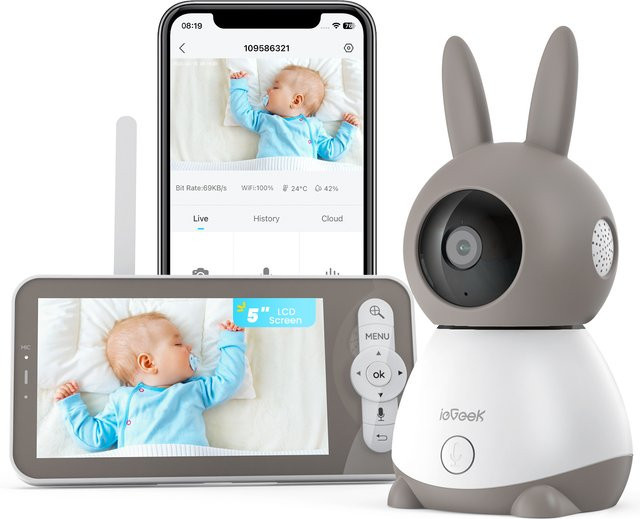 ieGeek 2K/3MP Babyüberwachungskamera mit 5 Zoll Display, 360 Grad PTZ, Dual-Screen-Vorsicht und Bewegungserkennung, Weiß - Bild 1