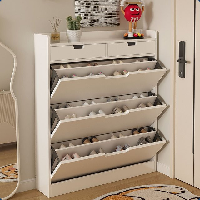 LIUSHADUOLA Schuhschrank aus Holz in Weiß, moderner und schmaler Aufbewahrungsschrank mit klappbaren Fächern für den Flur - Bild 1