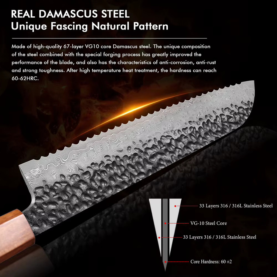 TUEWHO Brotmesser aus Damaststahl, handgefertigtes geschmiedetes Kochmesser mit 21,59 cm Klingenlänge, Silber - Bild 4