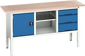 Kastenwerkbank Bott verso mit Multiplex-Platte, 3 Schubladen, 1 Ablageboden und 1 Tür, Farbe: RAL 7035 Lichtgrau / RAL 5010 Enzianblau, B/T/H: 175 x 60 x 83-93 cm - Bild 1
